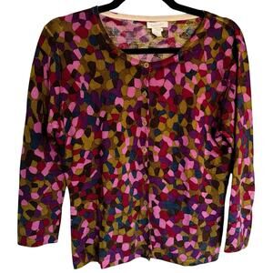Garnet Hill, Size Medium, Jewel Tone Print Merino Wool Cardigan, Fine Knit, Flaw